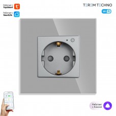 Умная WiFi встроенная розетка Tuya с Яндекс Алисой  WiFi 16А с таймером стеклянная серая с голосовым управлением умным домом с заземлением