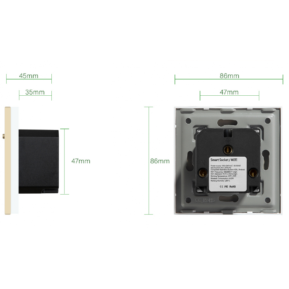 Умная встроенная розетка с Алисой от Яндекс Tuya WiFi 16А с таймером стеклянная золотая с голосовым управлением умным домом