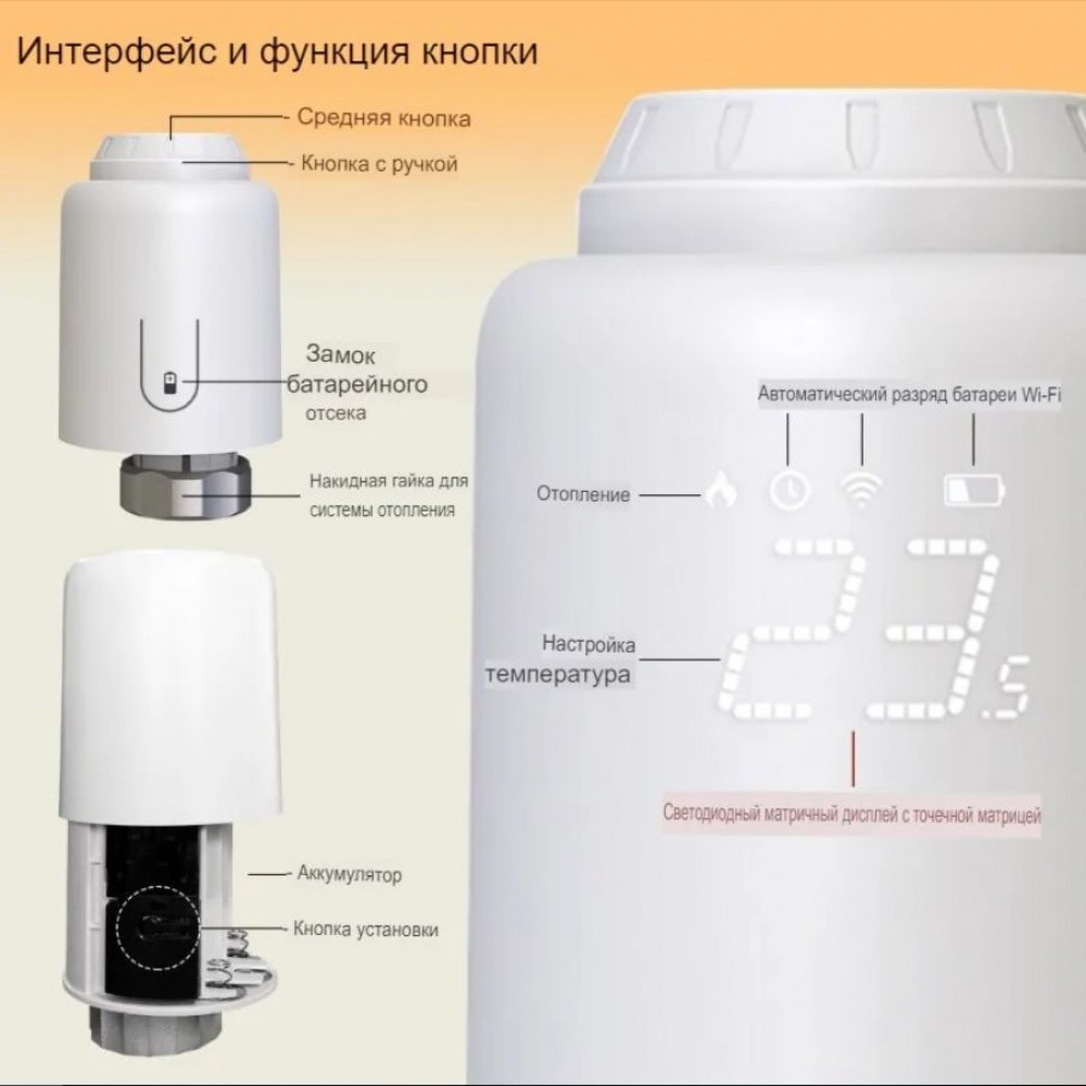 Умный WiFi терморегулятор для радиатора отопления с Алисой Яндекс Tuya с ЖК дисплеем беспроводной термостат на батарею с голосовым управлением