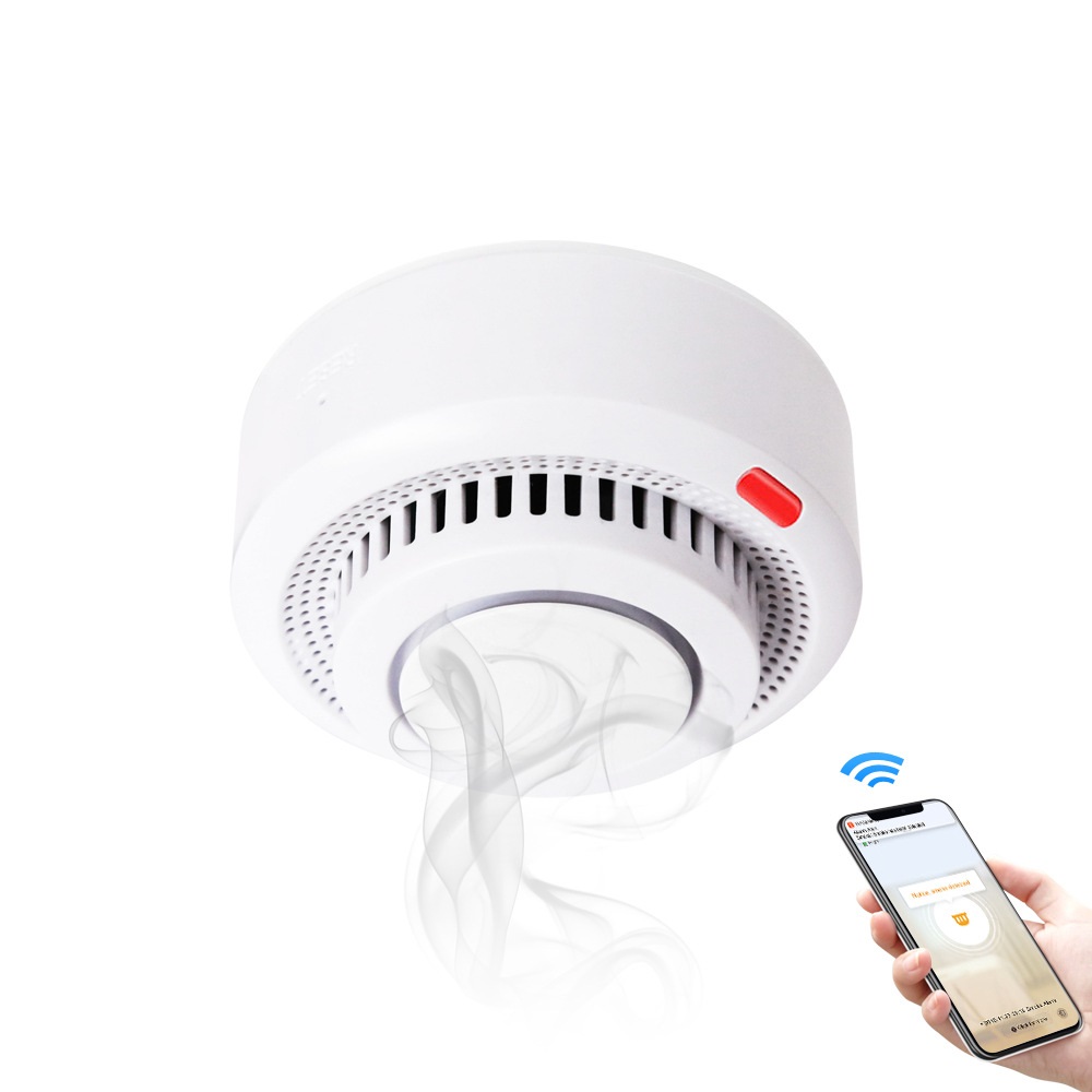 Умный беспроводной  WiFi датчик дыма Tuya дистанционное управление для умного дома белый со встроенной сиреной