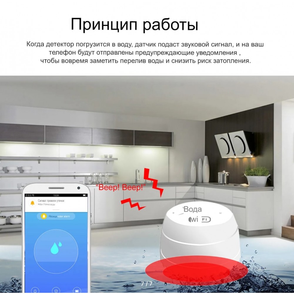 Умный беспроводной WiFi датчик протечки воды Terem Тechno дистанционное  управление от Tuya / Smart Life / Digma для умного дома белый со встроенной  сиреной купить