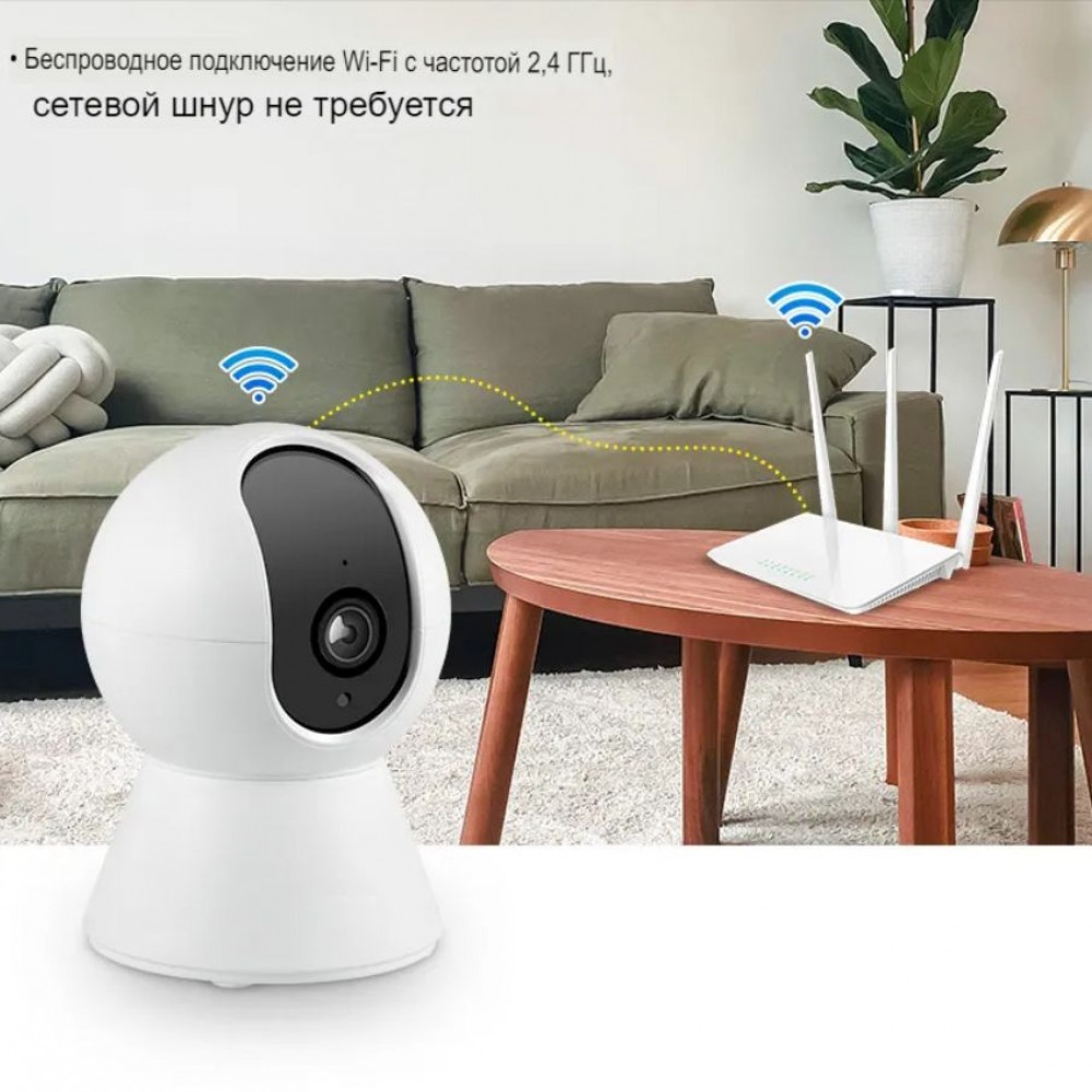 Умная беспроводная IP видеокамера Tuya WiFi для видеонаблюдения поворотная на 355 гр карта до 128 гб с датчиком движения ночной режим