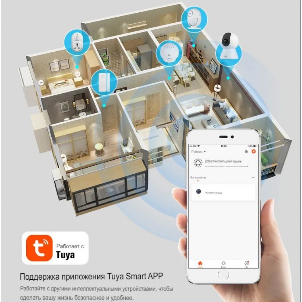 Умная беспроводная IP видеокамера Tuya WiFi для видеонаблюдения поворотная на 355 гр карта до 128 гб с датчиком движения ночной режим