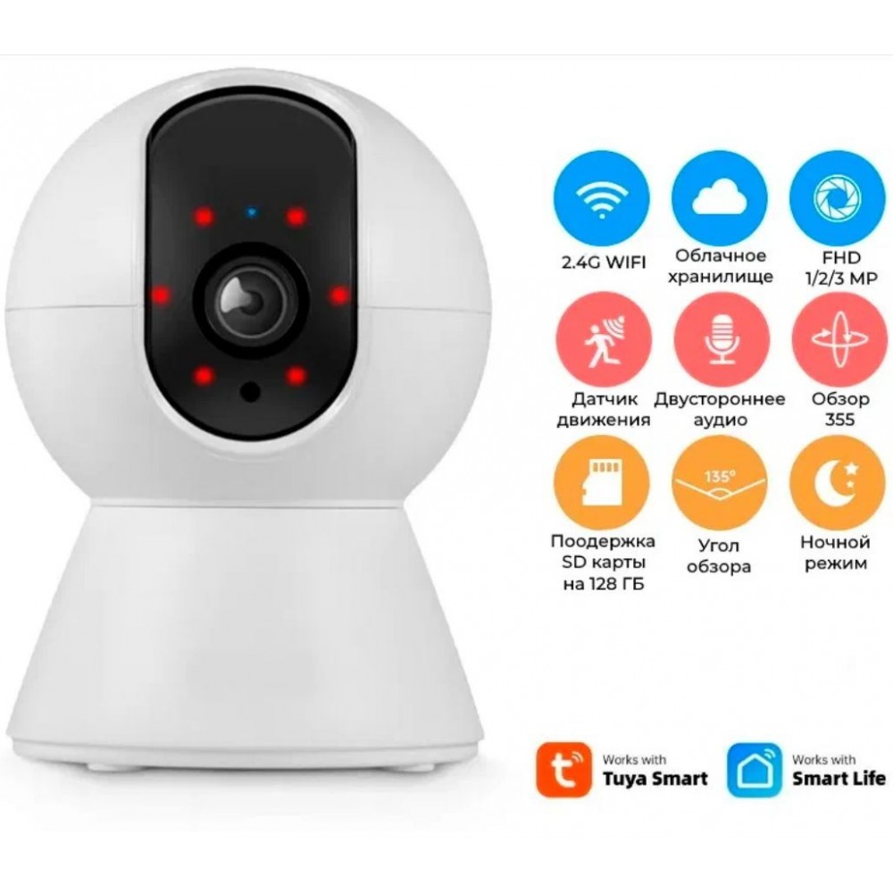 Умная беспроводная IP видеокамера Tuya WiFi для видеонаблюдения поворотная на 355 гр карта до 128 гб с датчиком движения ночной режим